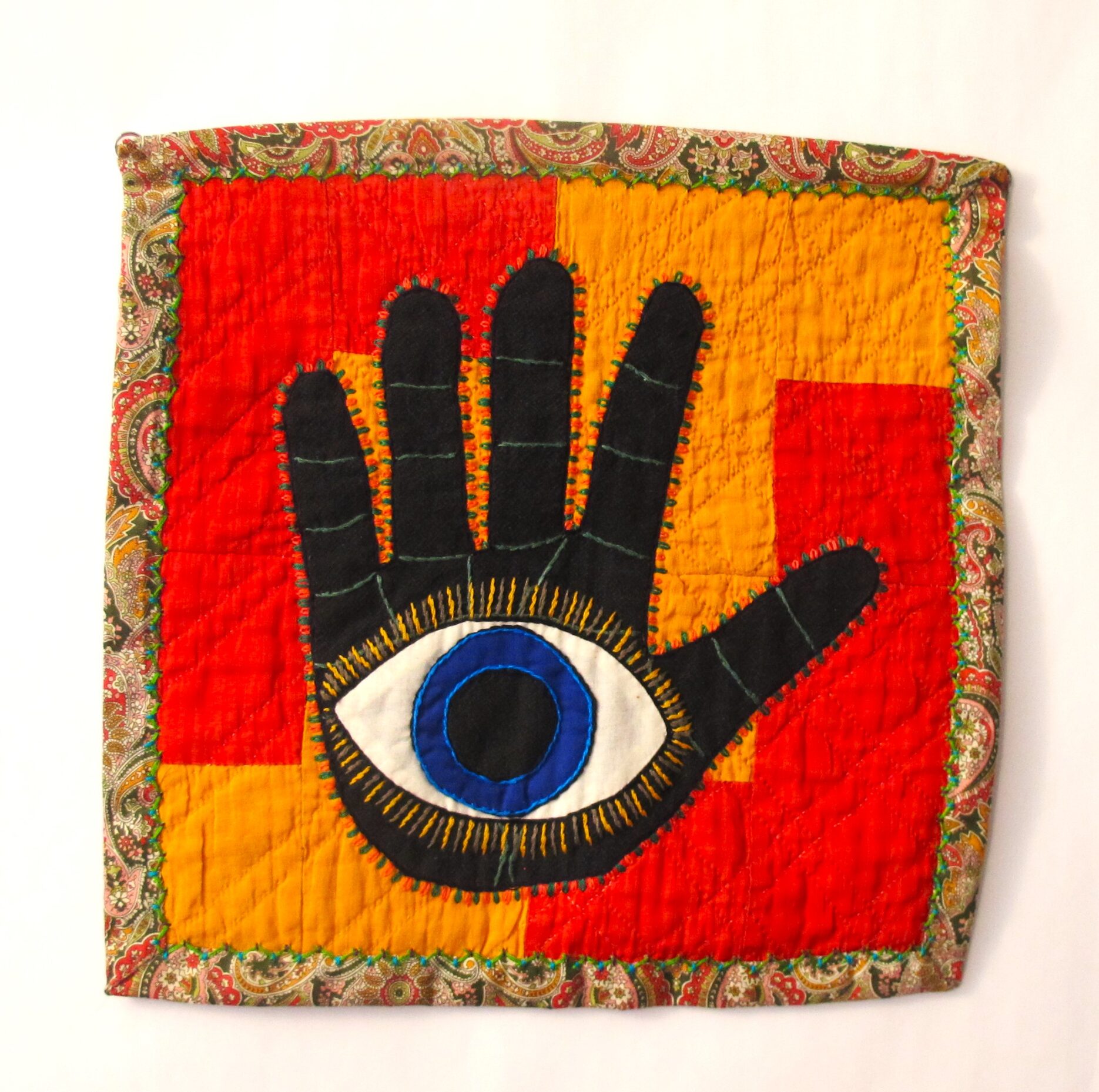 Hamsa, 2024, Applique and embroidery n vintage quilt, 12.5 x 12.5, $300